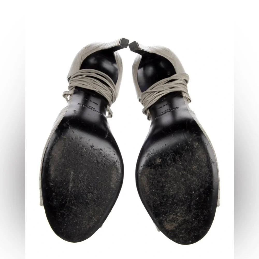 Saint Laurent Embossed Leather Gladiator Open Toe Heels Gray lace up ankle Wrap - Picture 7 of 10